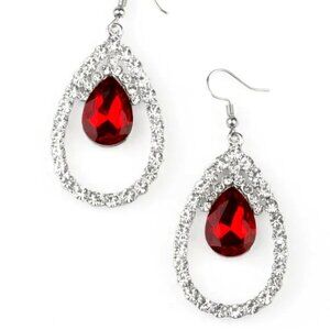 Holiday Red Teardrop Rhinestone Earrings | Oversized Silver Red & White Glam